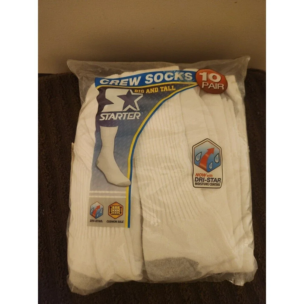 Starter Crew Socks Mens Size 12W-15 White 10 Pair Cushion Brand New Sealed
